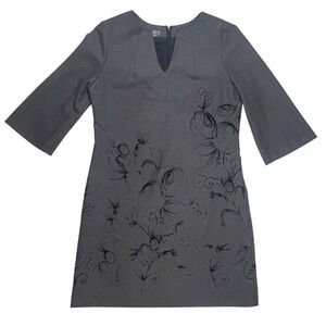 Muse Womens Gray Floral Graphic Shift Dress 3/4 Bell Sleeve V-Neck Size 10